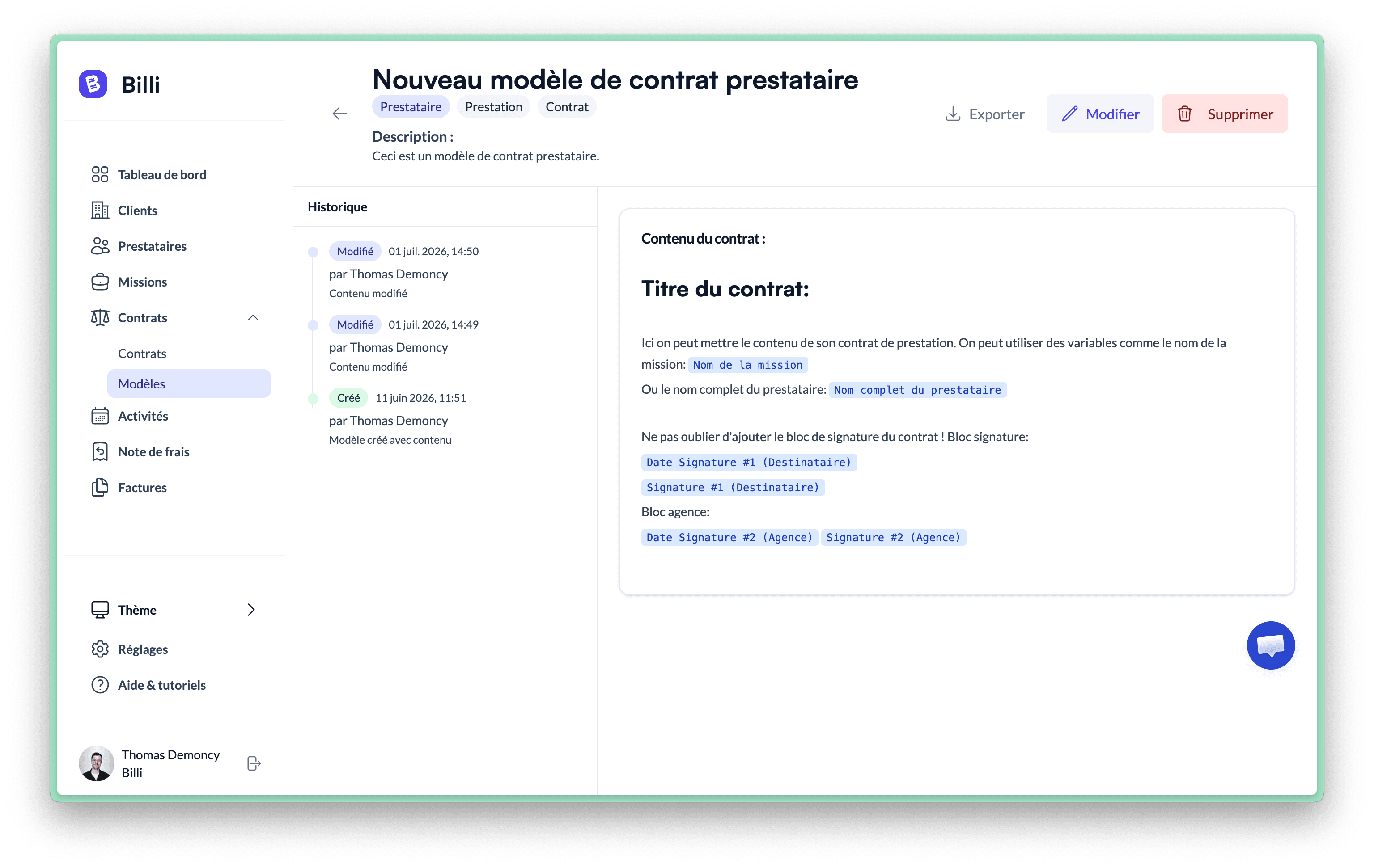 Capture d’écran du projet Billi