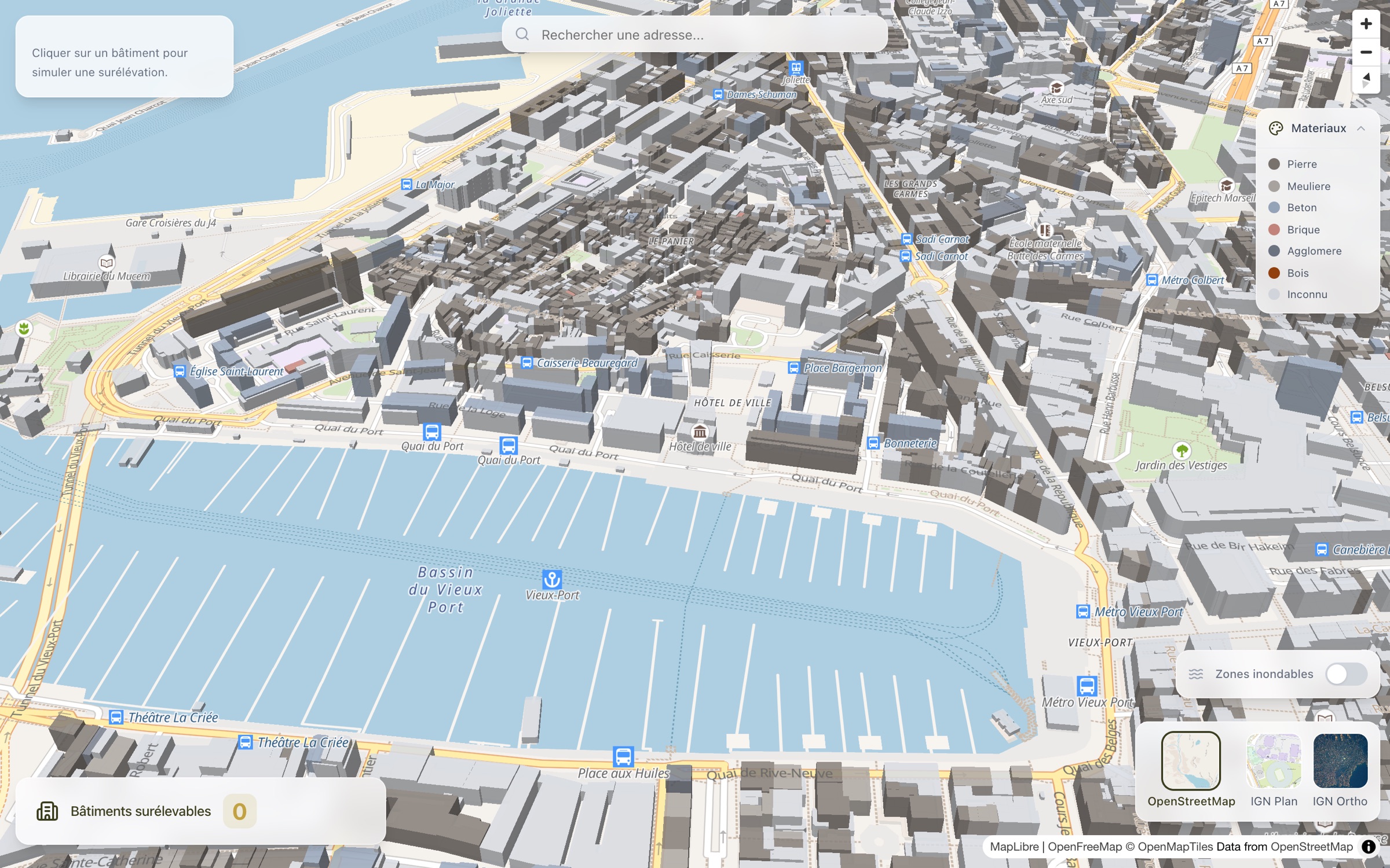 The Vieux-Port in 3D, buildings colored by wall material (BD TOPO)
