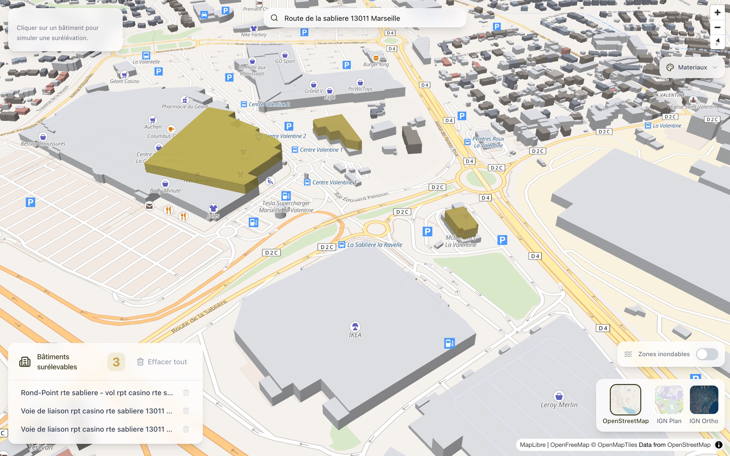 Selected buildings, with addresses from reverse geocoding