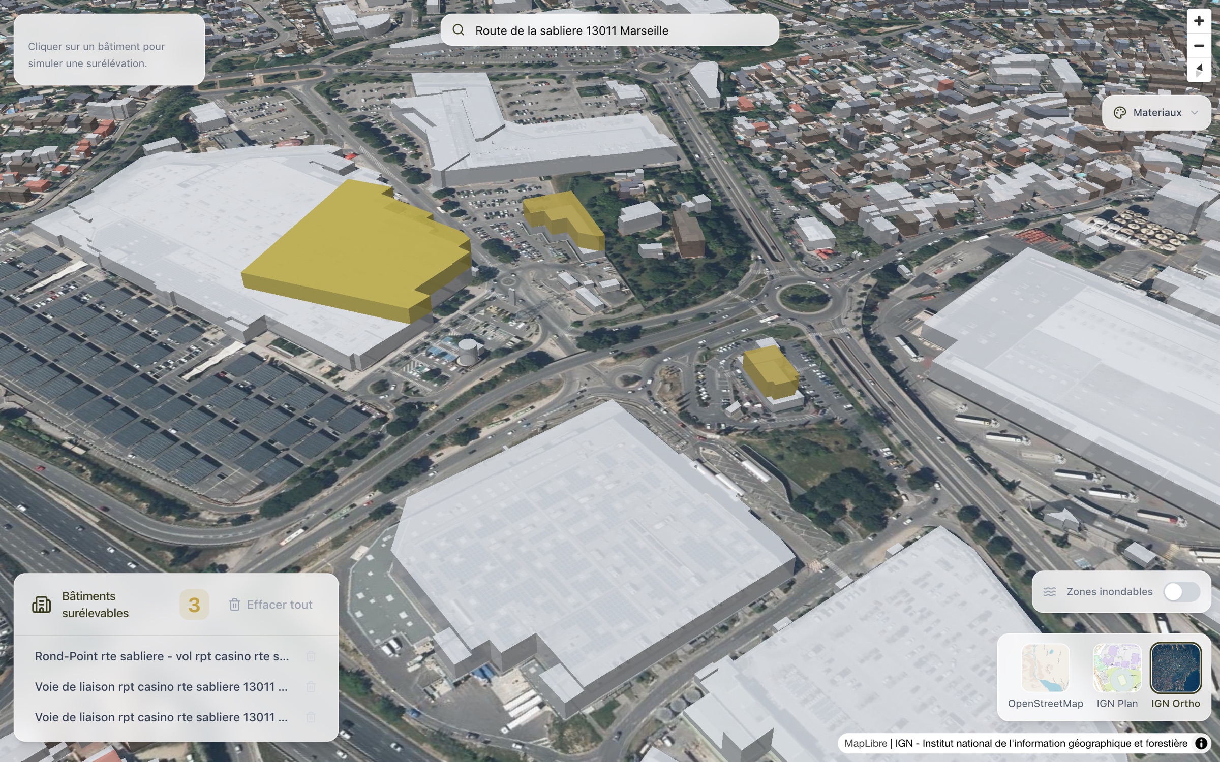 Simulated +10 m elevation on three buildings in the La Valentine retail park, IGN Ortho basemap