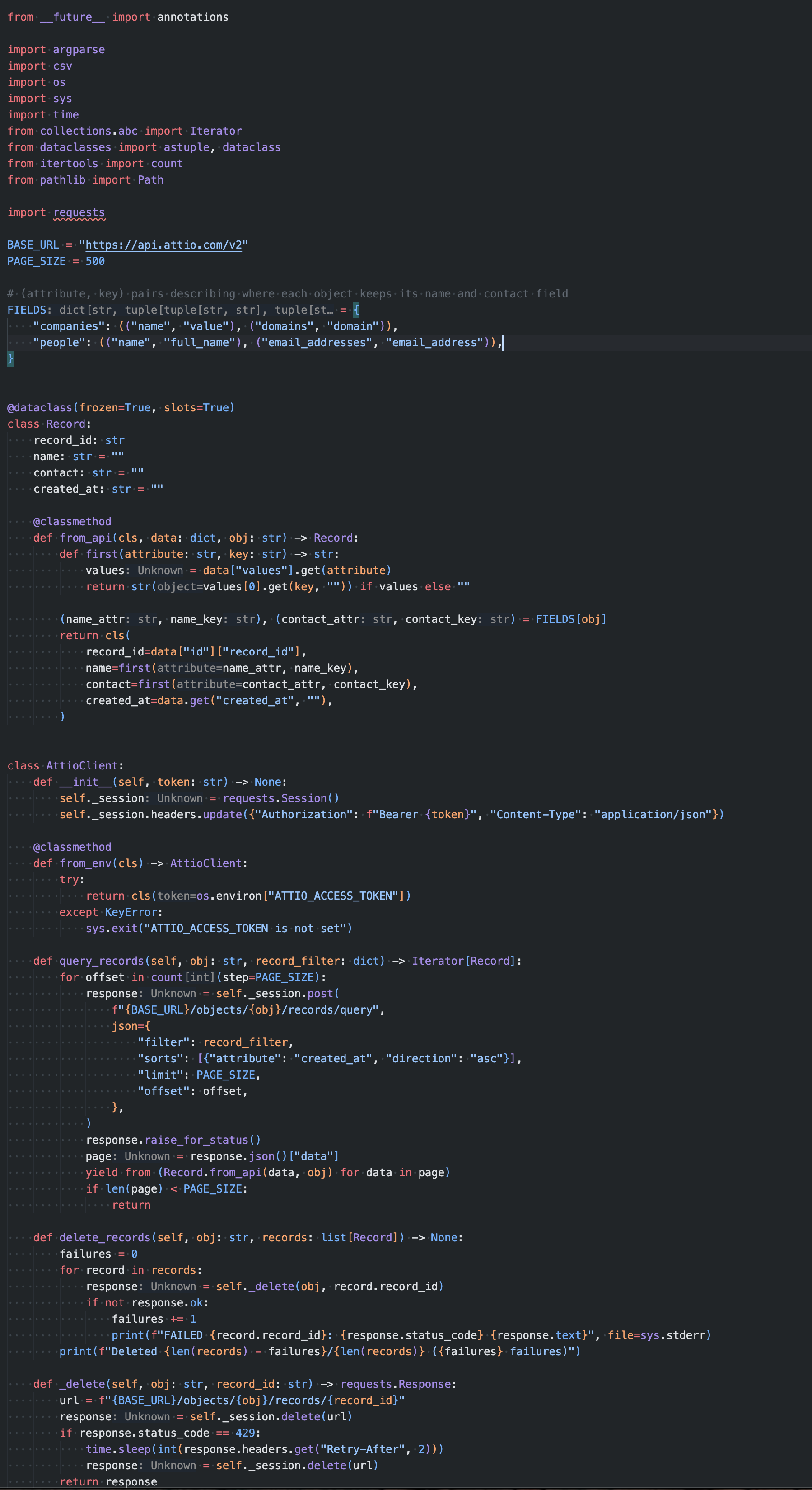 The final version: Record dataclass, FIELDS mapping and AttioClient